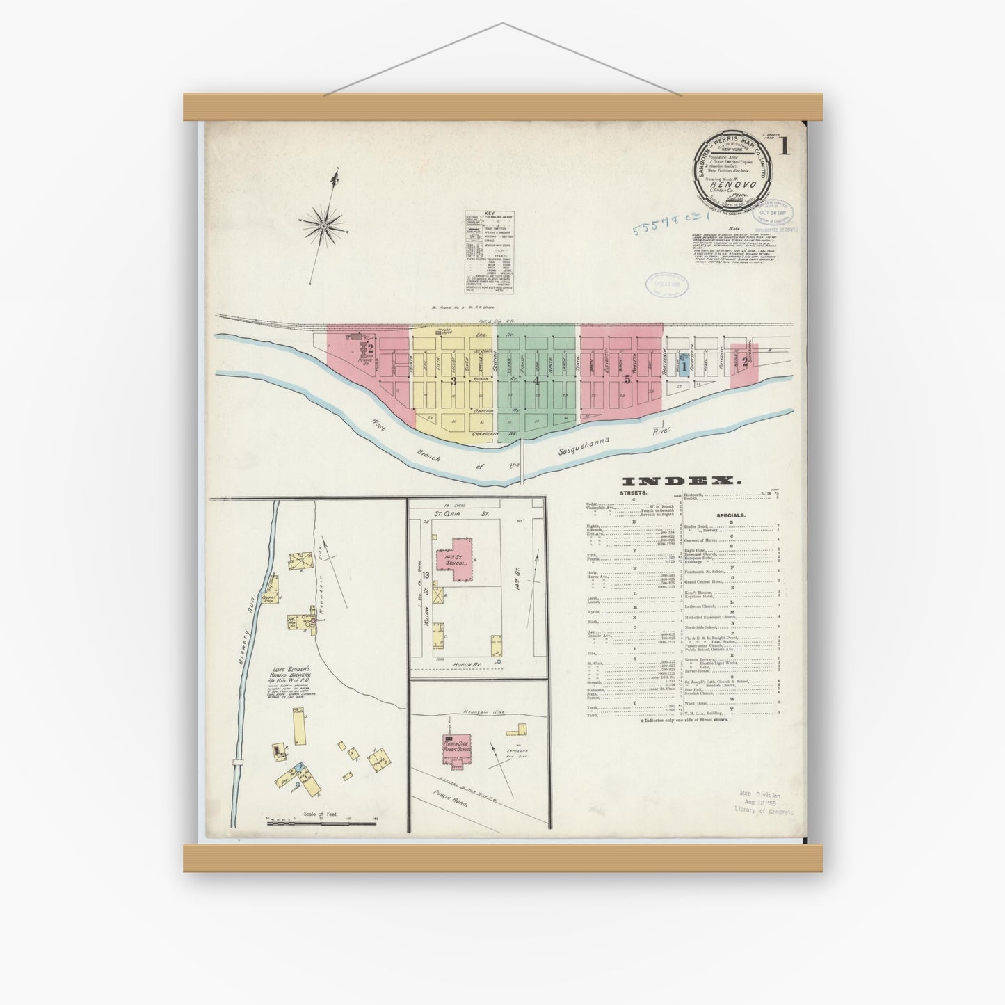 Old map wall art mockup — magnetic wood frame on white wall — Sanborn Fire Insurance Map from Renovo, Clinton County, Pennsylvania (1897) - Complete Map Set