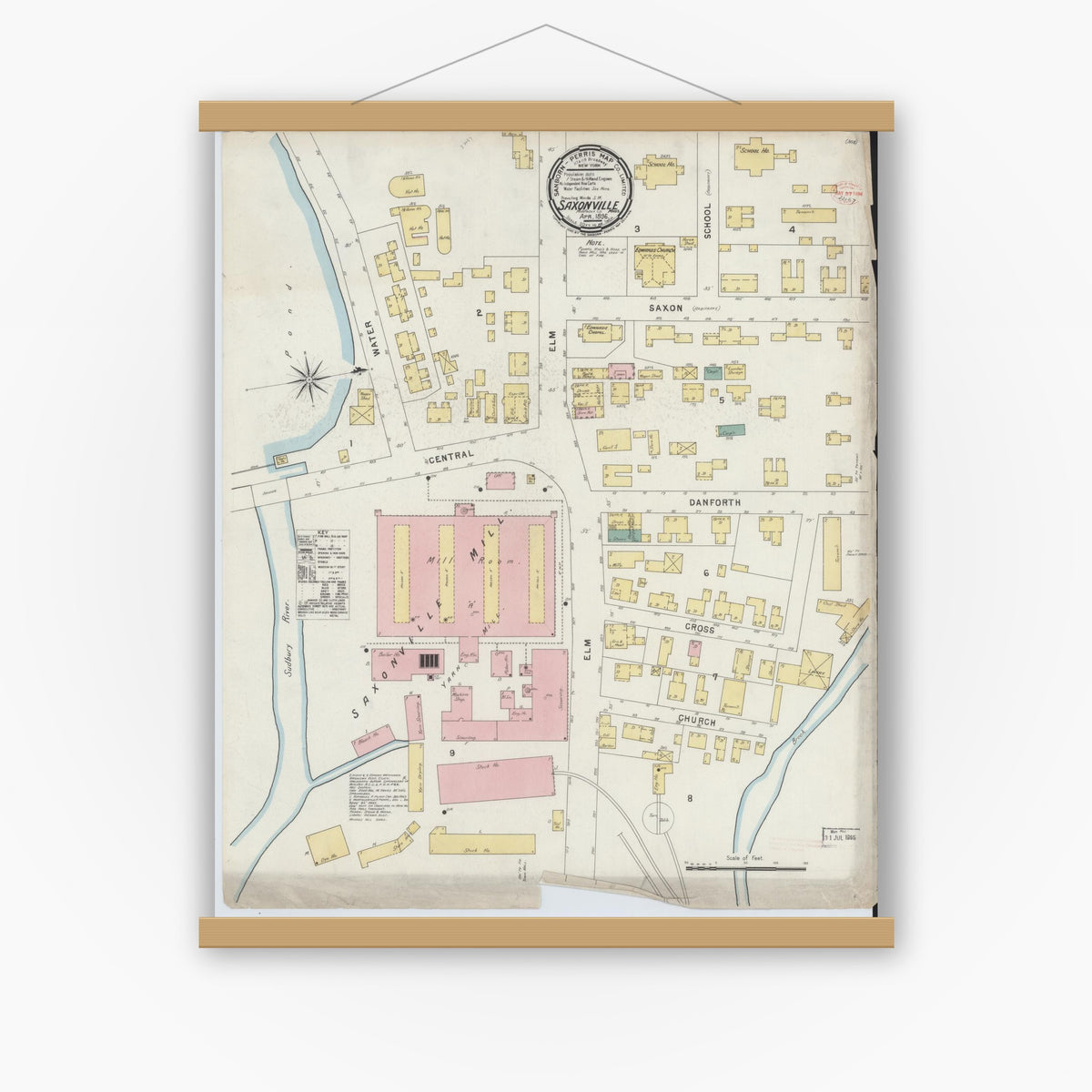 Old map wall art mockup — magnetic wood frame on white wall — Sanborn Fire Insurance Map from Saxonville, Middlesex County, Massachusetts (1896), Sheet #0001