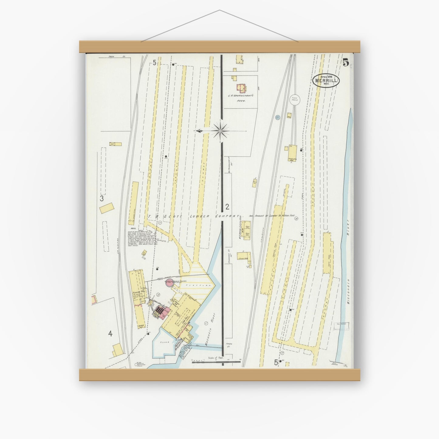 Old map wall art mockup — magnetic wood frame on white wall — Sanborn Fire Insurance Map from Merrill, Lincoln County, Wisconsin (1898), Sheet #0005