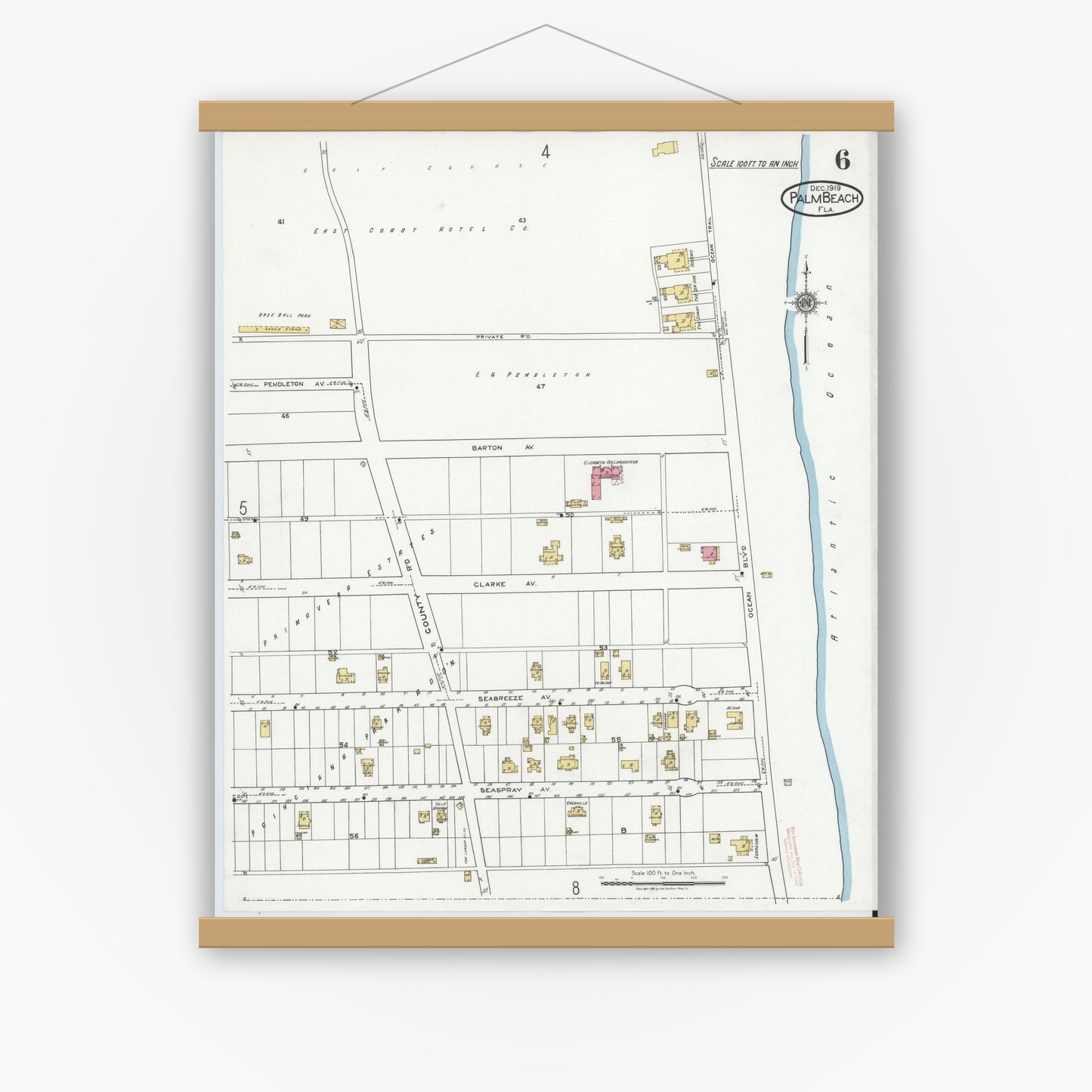 Old map wall art mockup — magnetic wood frame on white wall — Sanborn Fire Insurance Map from Palm Beach, Palm Beach County, Florida (1919), Sheet #0006
