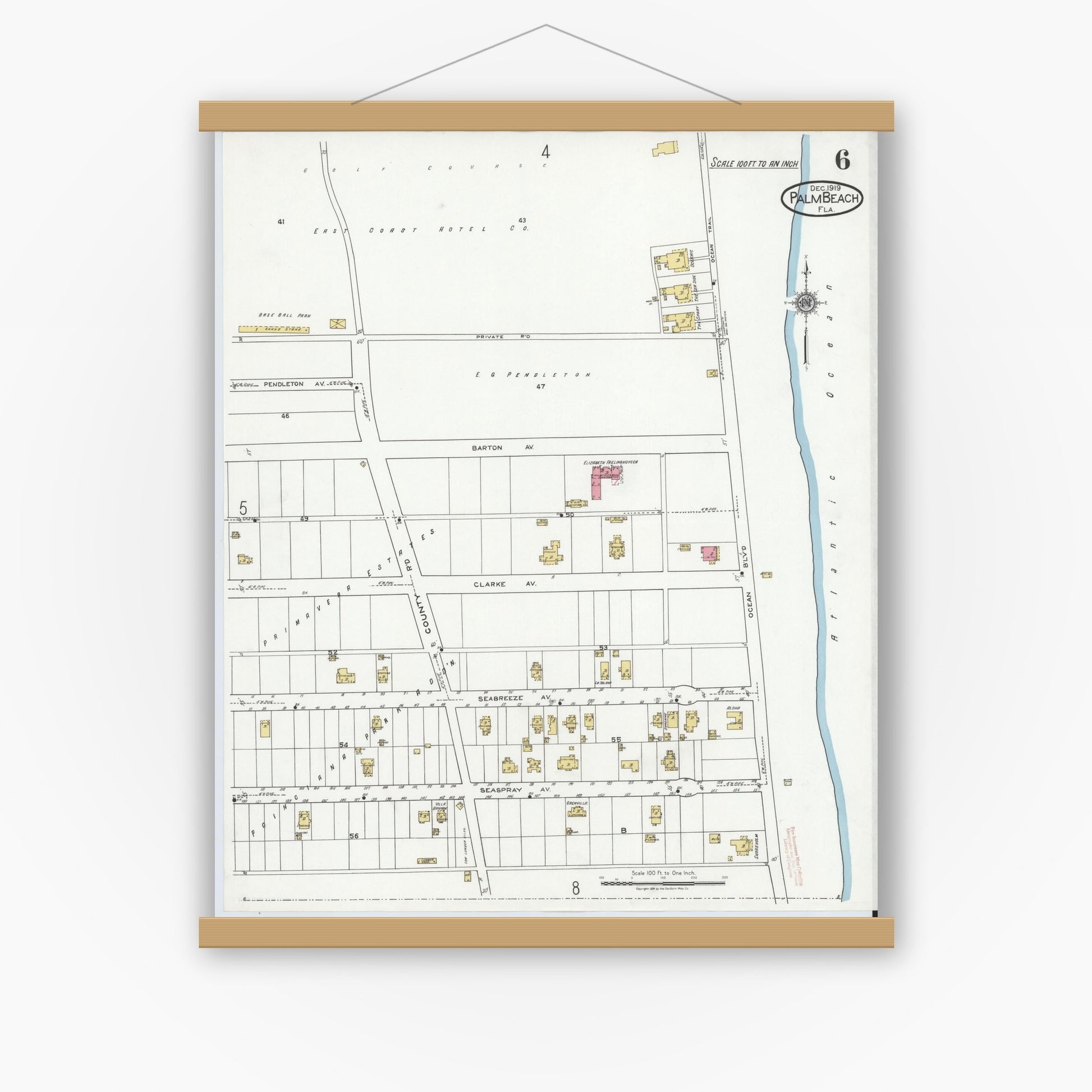 Old map wall art mockup — magnetic wood frame on white wall — Sanborn Fire Insurance Map from Palm Beach, Palm Beach County, Florida (1919), Sheet #0006