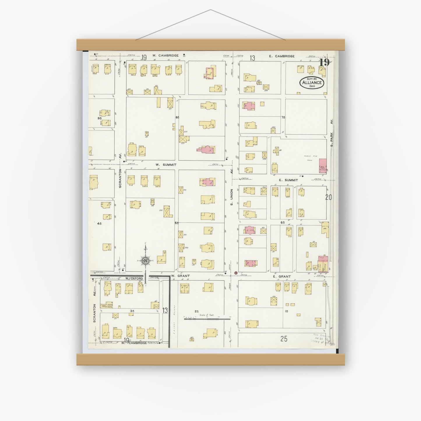 Old map wall art mockup — magnetic wood frame on white wall — Sanborn Fire Insurance Map from Alliance, Stark County, Ohio (1911), Sheet #0019