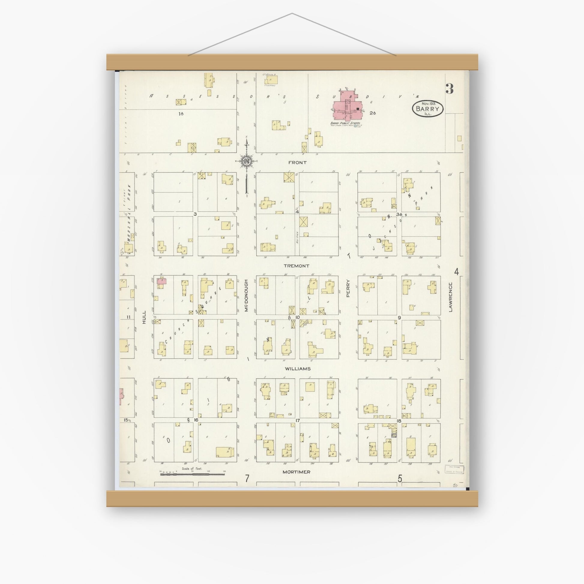 Old map wall art mockup — magnetic wood frame on white wall — Sanborn Fire Insurance Map from Barry, Pike County, Illinois (1913), Sheet #0003
