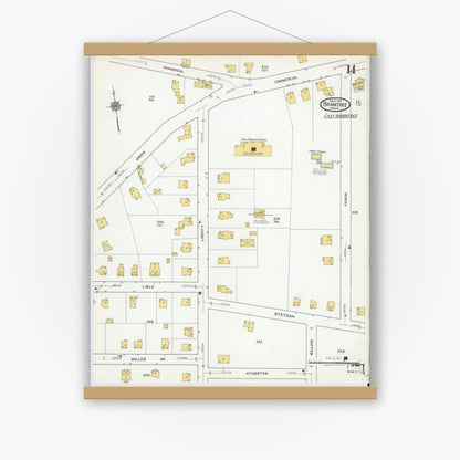 Old map wall art mockup — magnetic wood frame on white wall — Sanborn Fire Insurance Map from Braintree, Norfolk County, Massachusetts (1919), Sheet #0014