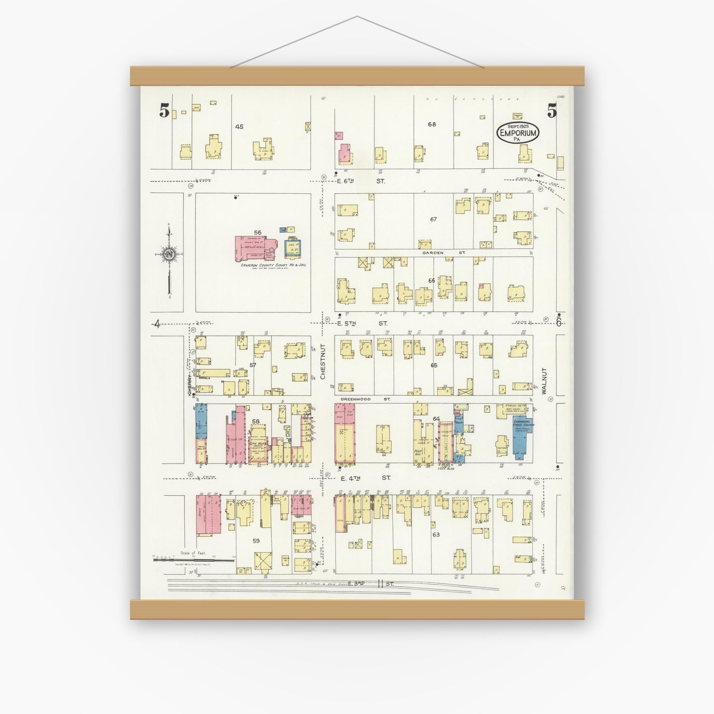 Old map wall art mockup — magnetic wood frame on white wall — Sanborn Fire Insurance Map from Emporium, Cameron County, Pennsylvania (1925), Sheet #0005