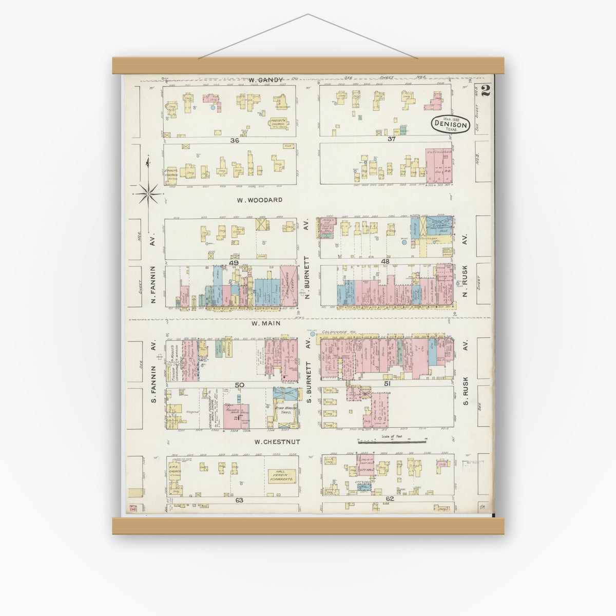 Old map wall art mockup — magnetic wood frame on white wall — Sanborn Fire Insurance Map from Denison, Grayson County, Texas (1888), Sheet #0002