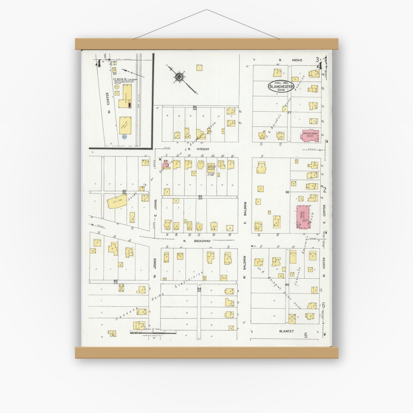 Old map wall art mockup — magnetic wood frame on white wall — Sanborn Fire Insurance Map from Blanchester, Clinton County, Ohio (1925), Sheet #0004