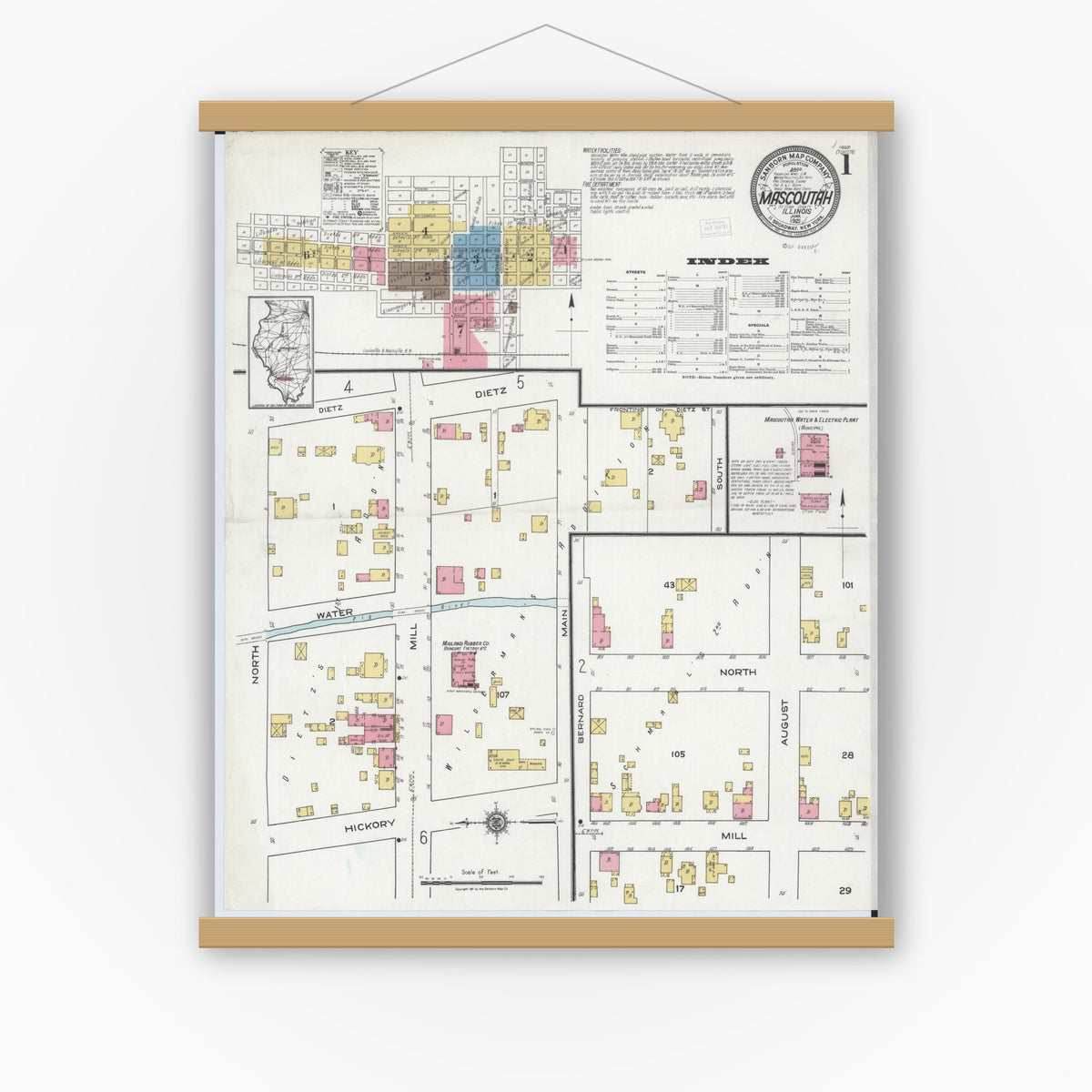 Old map wall art mockup — magnetic wood frame on white wall — Sanborn Fire Insurance Map from Mascoutah, Saint Clair County, Illinois (1921) - Complete Map Set