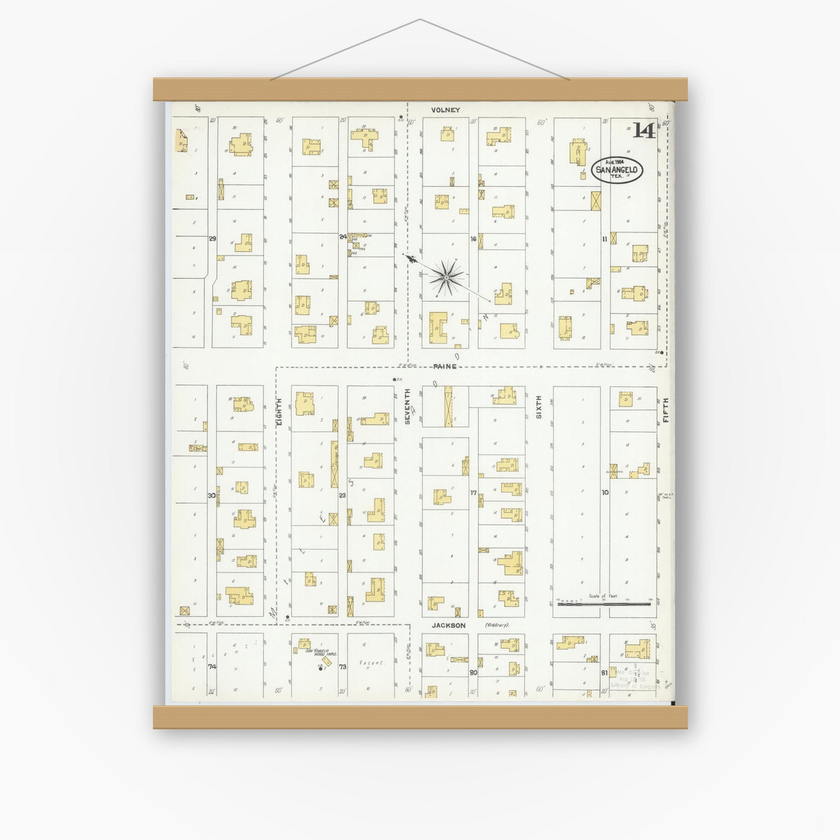 Old map wall art mockup — magnetic wood frame on white wall — Sanborn Fire Insurance Map from San Angelo, Tom Green County, Texas (1904), Sheet #0014