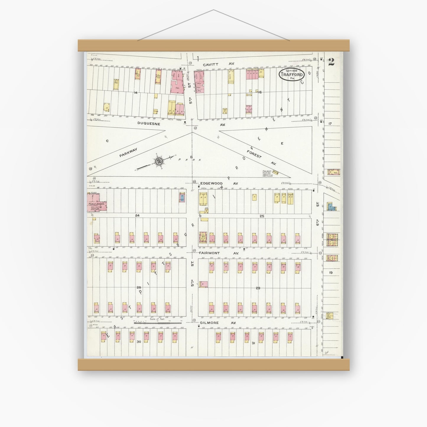 Old map wall art mockup — magnetic wood frame on white wall — Sanborn Fire Insurance Map from Trafford, Westmoreland County, Pennsylvania (1909), Sheet #0002