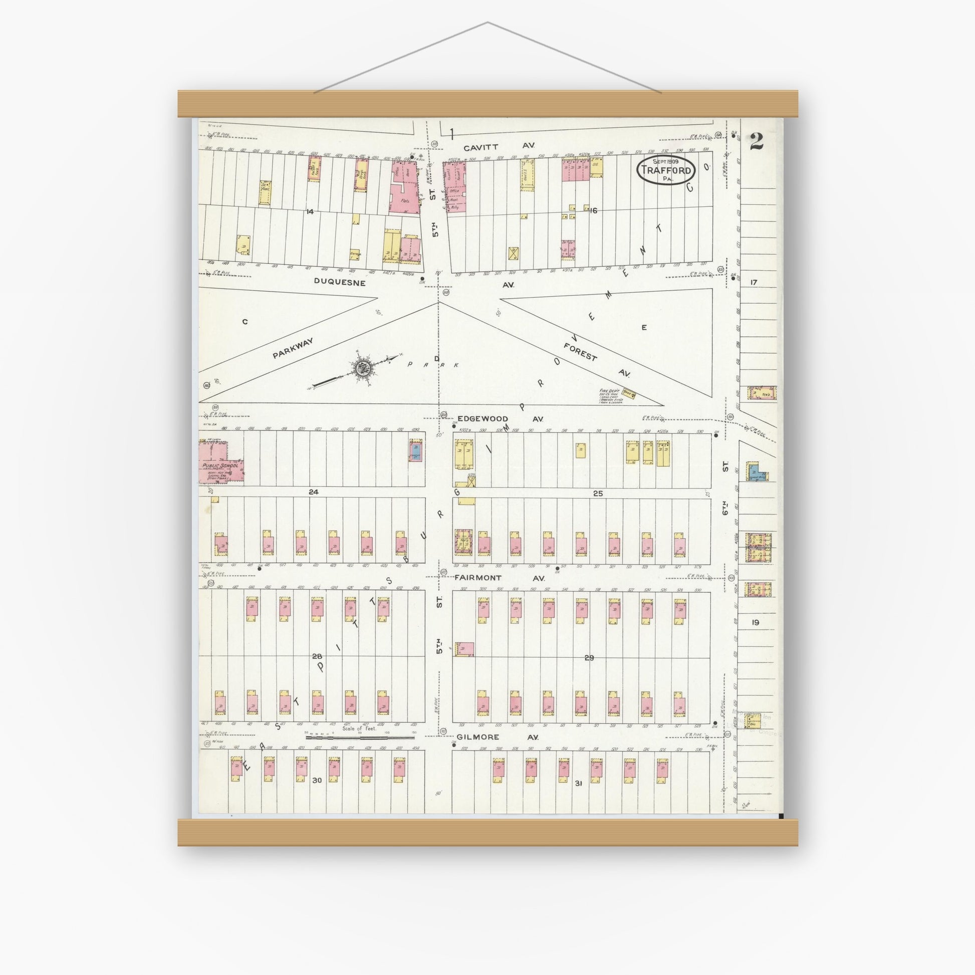 Old map wall art mockup — magnetic wood frame on white wall — Sanborn Fire Insurance Map from Trafford, Westmoreland County, Pennsylvania (1909), Sheet #0002