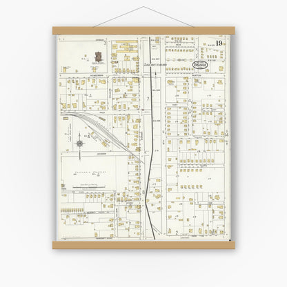 Old map wall art mockup — magnetic wood frame on white wall — Sanborn Fire Insurance Map from Orange, Orange County, Texas (1919), Sheet #0019