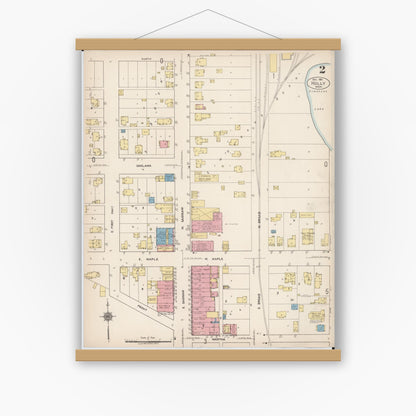 Old map wall art mockup — magnetic wood frame on white wall — Sanborn Fire Insurance Map from Holly, Oakland County, Michigan (1921), Sheet #0002