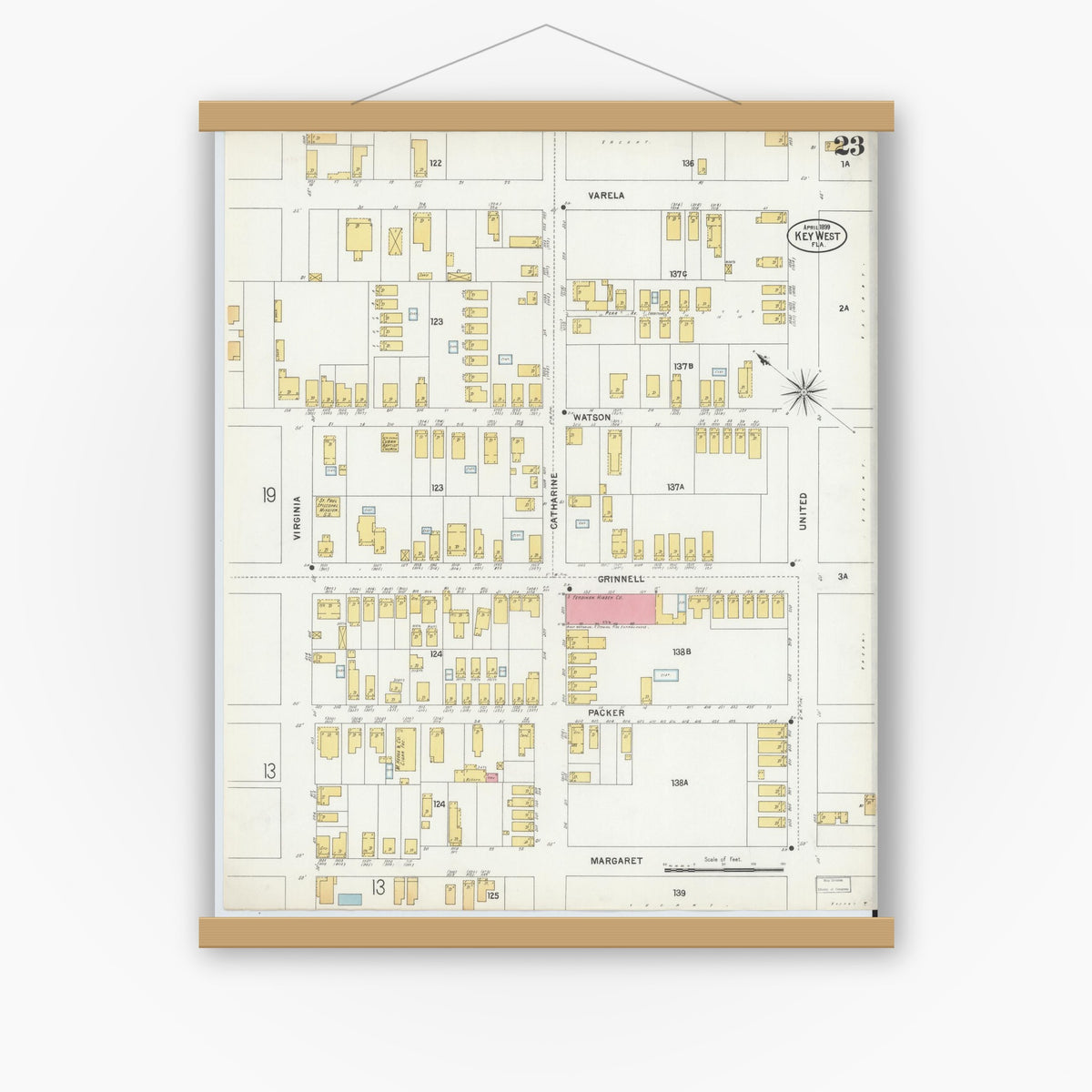 Old map wall art mockup — magnetic wood frame on white wall — Sanborn Fire Insurance Map from Key West, Monroe County, Florida (1899), Sheet #0023