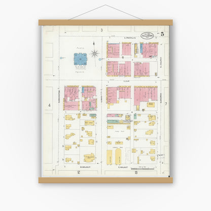 Old map wall art mockup — magnetic wood frame on white wall — Sanborn Fire Insurance Map from Hillsboro, Hill County, Texas (1905), Sheet #0005