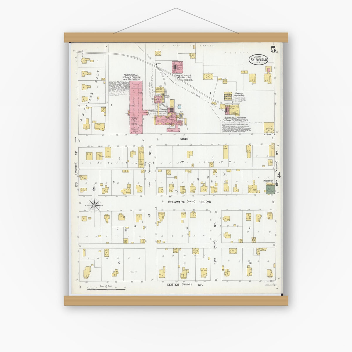 Old map wall art mockup — magnetic wood frame on white wall — Sanborn Fire Insurance Map from Fairfield, Wayne County, Illinois (1901), Sheet #0005