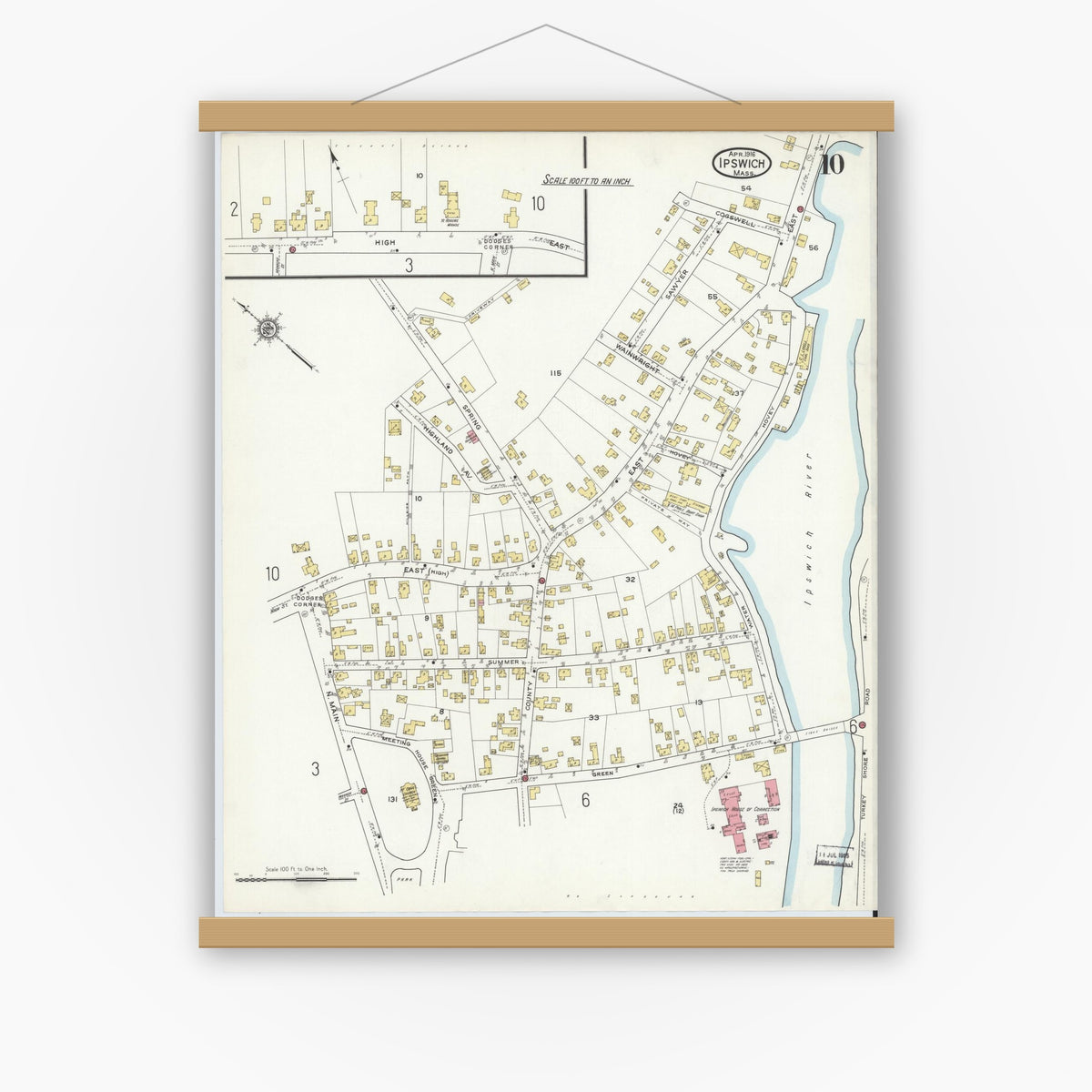 Old map wall art mockup — magnetic wood frame on white wall — Sanborn Fire Insurance Map from Ipswich, Essex County, Massachusetts (1916), Sheet #0010