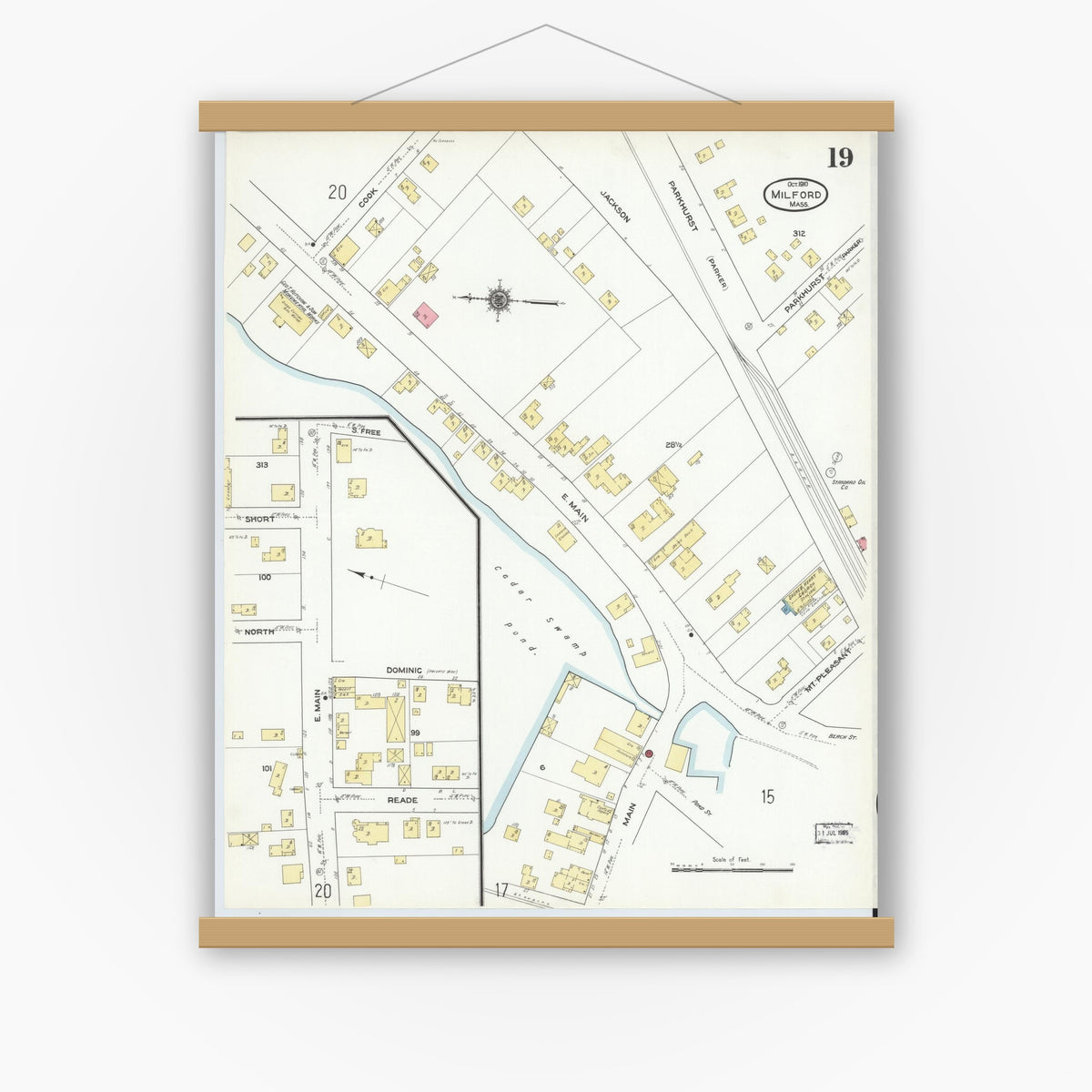 Old map wall art mockup — magnetic wood frame on white wall — Sanborn Fire Insurance Map from Milford, Worcester County, Massachusetts (1910), Sheet #0019