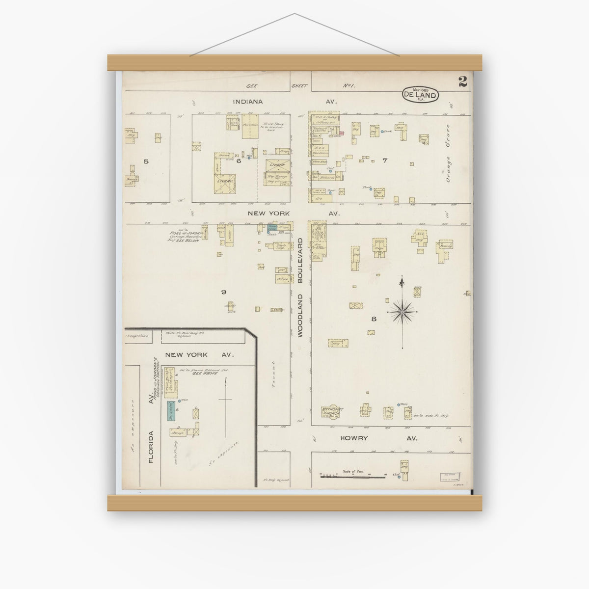 Old map wall art mockup — magnetic wood frame on white wall — Sanborn Fire Insurance Map from De Land, Volusia County, Florida (1885), Sheet #0002