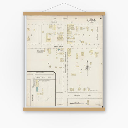 Old map wall art mockup — magnetic wood frame on white wall — Sanborn Fire Insurance Map from De Land, Volusia County, Florida (1885), Sheet #0002