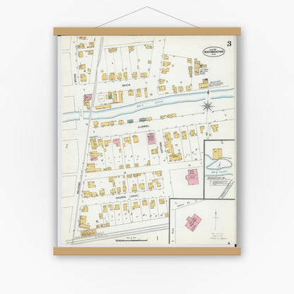 Old map wall art mockup — magnetic wood frame on white wall — Sanborn Fire Insurance Map from Newcomerstown, Tuscarawas County, Ohio (1901), Sheet #0003