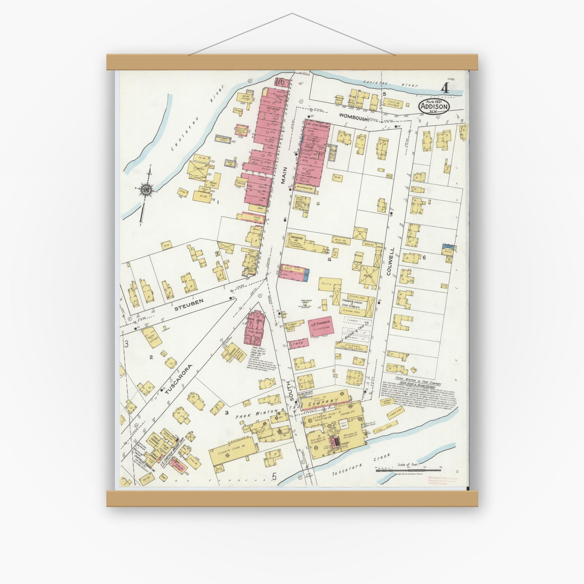 Old map wall art mockup — magnetic wood frame on white wall — Sanborn Fire Insurance Map from Addison, Steuben County, New York (1921), Sheet #0004