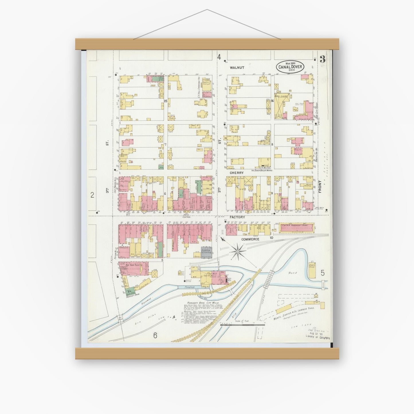 Old map wall art mockup — magnetic wood frame on white wall — Sanborn Fire Insurance Map from Canal Dover, Tuscarawas County, Ohio (1899), Sheet #0003