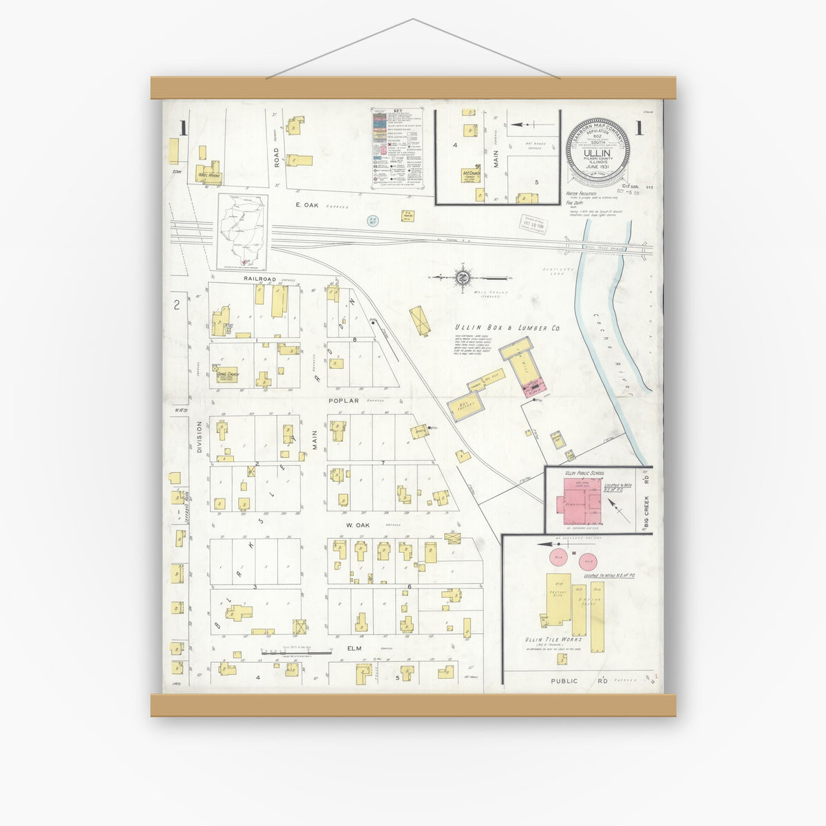 Old map wall art mockup — magnetic wood frame on white wall — Sanborn Fire Insurance Map from Ullin, Pulaski County, Illinois (1931), Sheet #0001