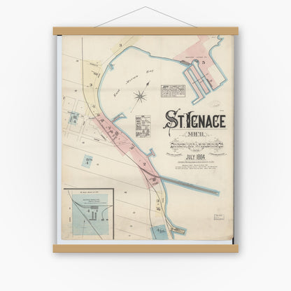 Old map wall art mockup — magnetic wood frame on white wall — Sanborn Fire Insurance Map from Saint Ignace, Mackinac County, Michigan (1884) - Complete Map Set