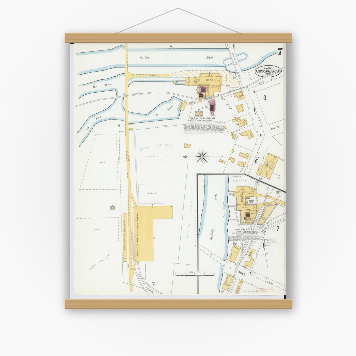 Old map wall art mockup — magnetic wood frame on white wall — Sanborn Fire Insurance Map from Oscoda, Iosco County, Michigan (1901), Sheet #0007