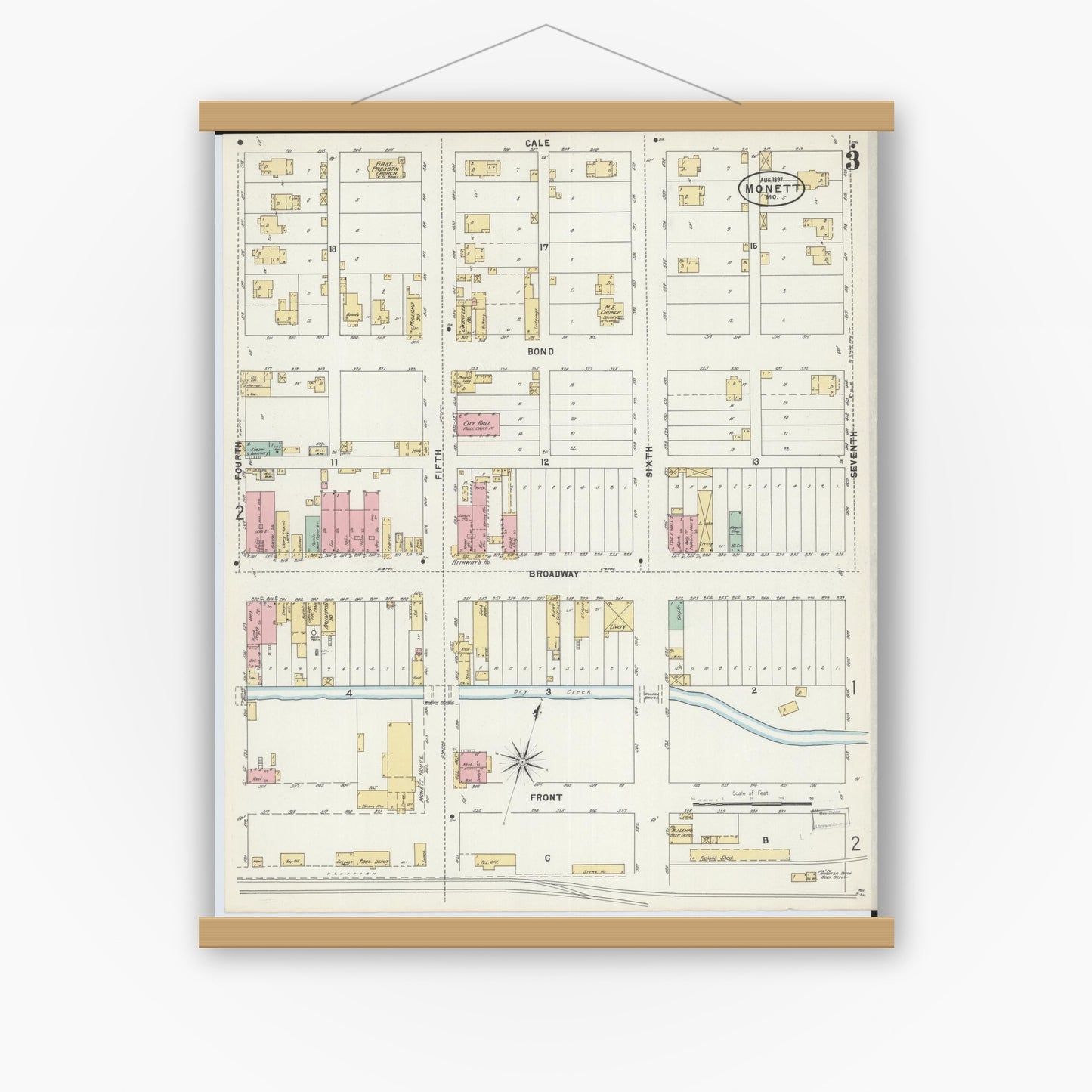 Old map wall art mockup — magnetic wood frame on white wall — Sanborn Fire Insurance Map from Monett, Barry County, Missouri (1897), Sheet #0003