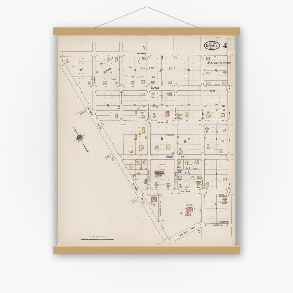 Old map wall art mockup — magnetic wood frame on white wall — Sanborn Fire Insurance Map from Devine, Medina County, Texas (1922), Sheet #0004
