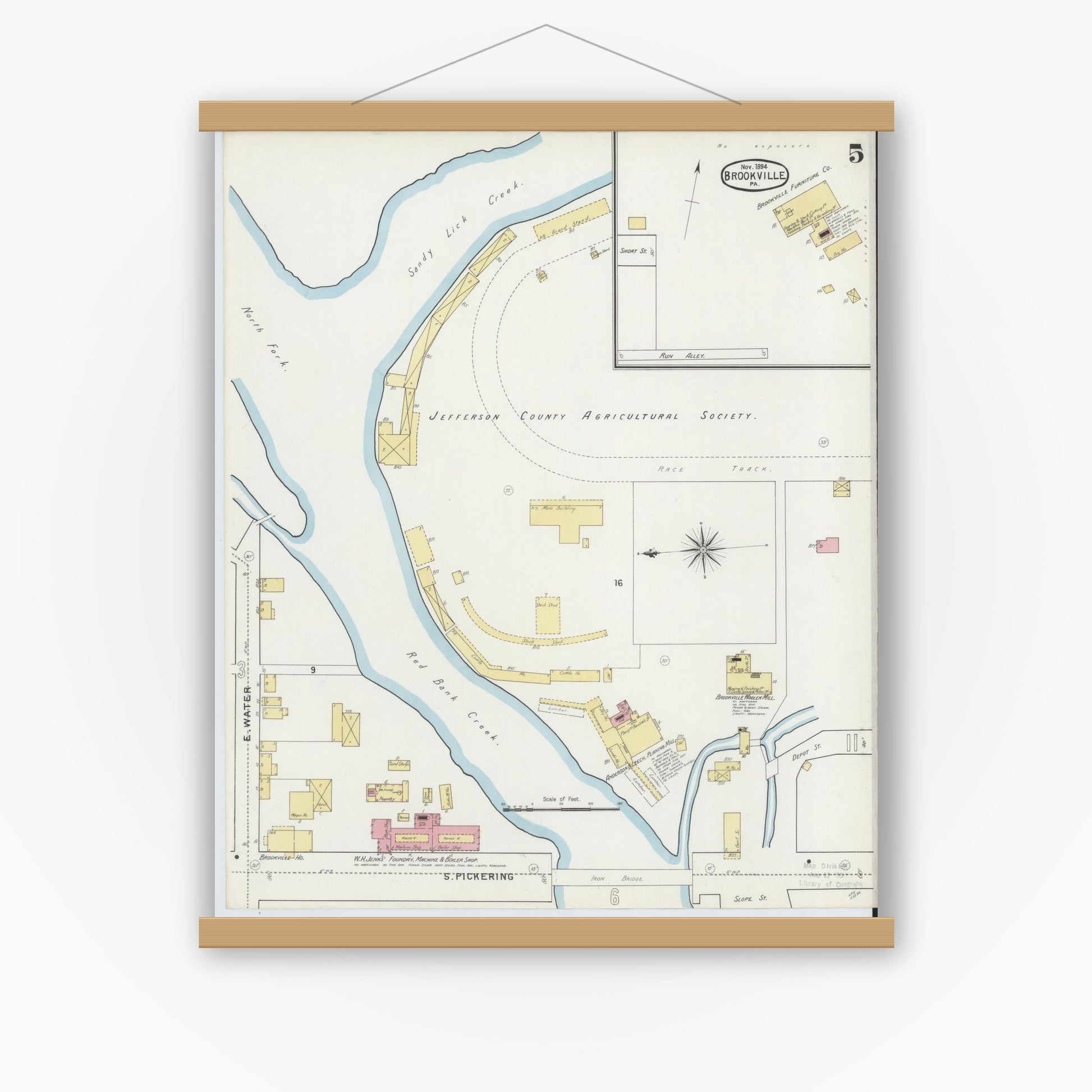 Old map wall art mockup — magnetic wood frame on white wall — Sanborn Fire Insurance Map from Brookville, Jefferson County, Pennsylvania (1894), Sheet #0005