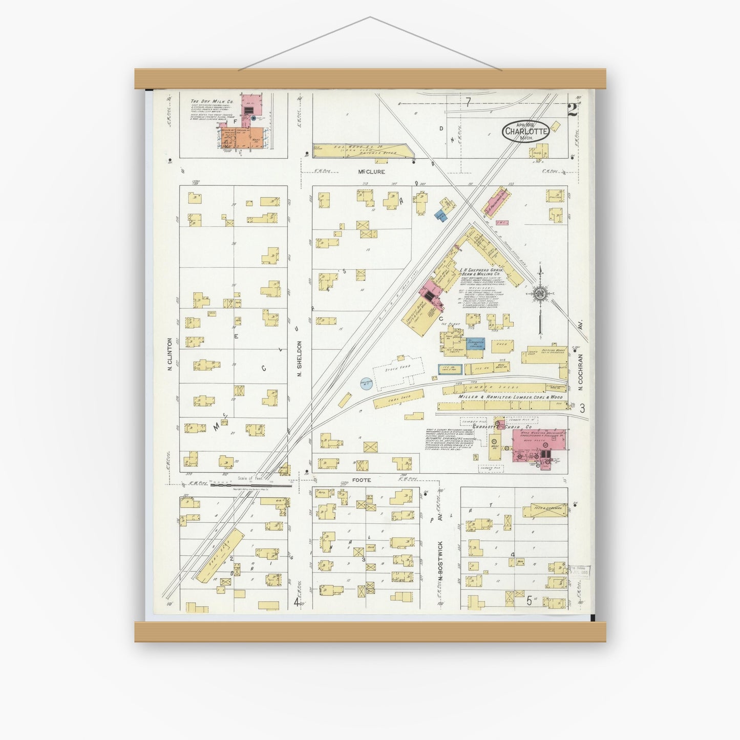 Old map wall art mockup — magnetic wood frame on white wall — Sanborn Fire Insurance Map from Charlotte, Eaton County, Michigan (1918), Sheet #0002