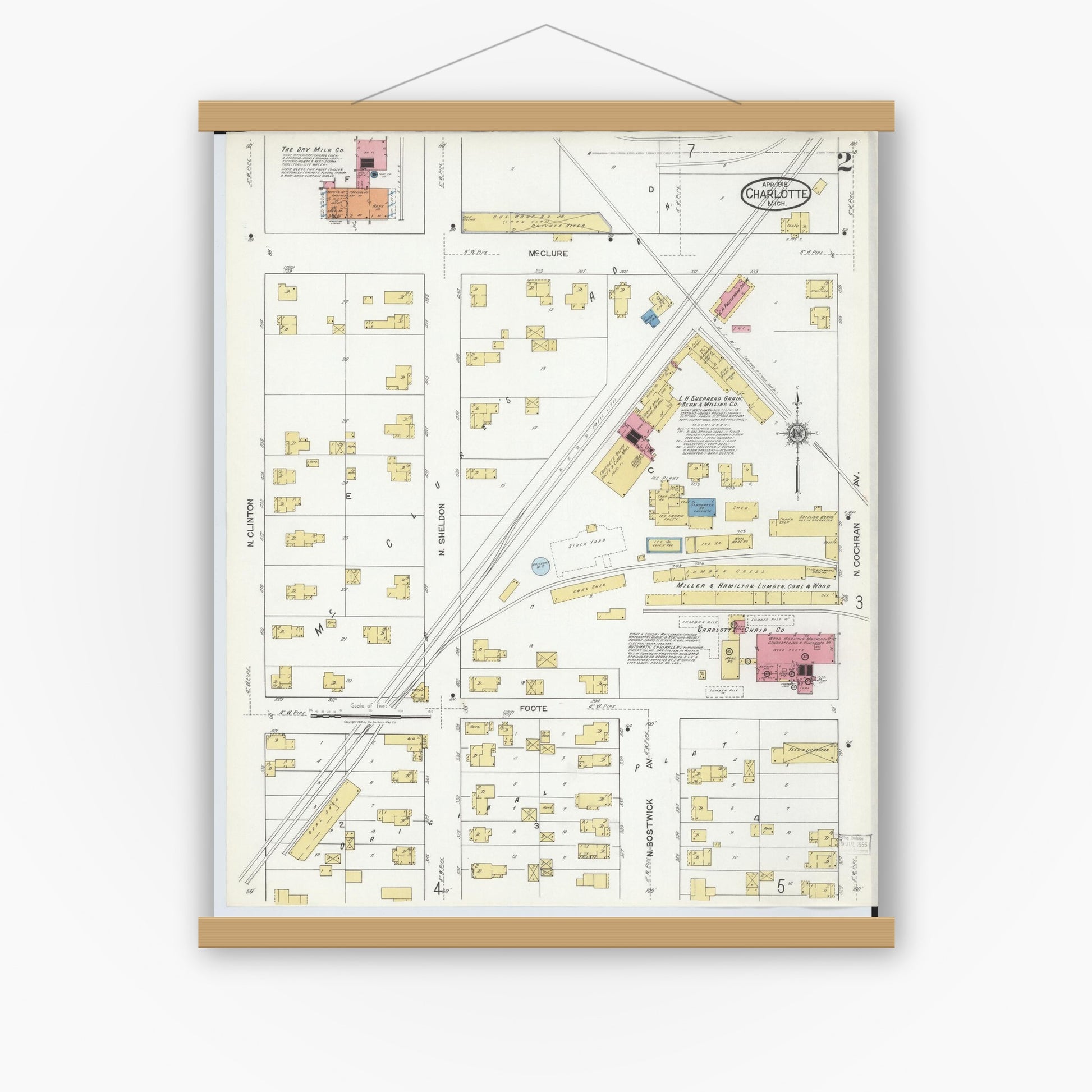 Old map wall art mockup — magnetic wood frame on white wall — Sanborn Fire Insurance Map from Charlotte, Eaton County, Michigan (1918), Sheet #0002