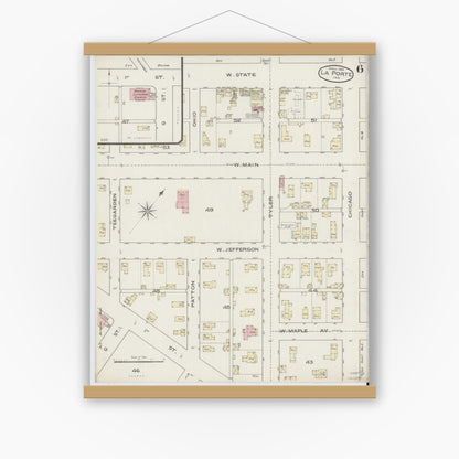 Old map wall art mockup — magnetic wood frame on white wall — Sanborn Fire Insurance Map from La Porte, La Porte County, Indiana (1886), Sheet #0006