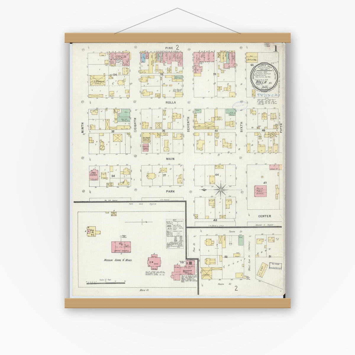 Old map wall art mockup — magnetic wood frame on white wall — Sanborn Fire Insurance Map from Rolla, Phelps County, Missouri (1897) - Complete Map Set