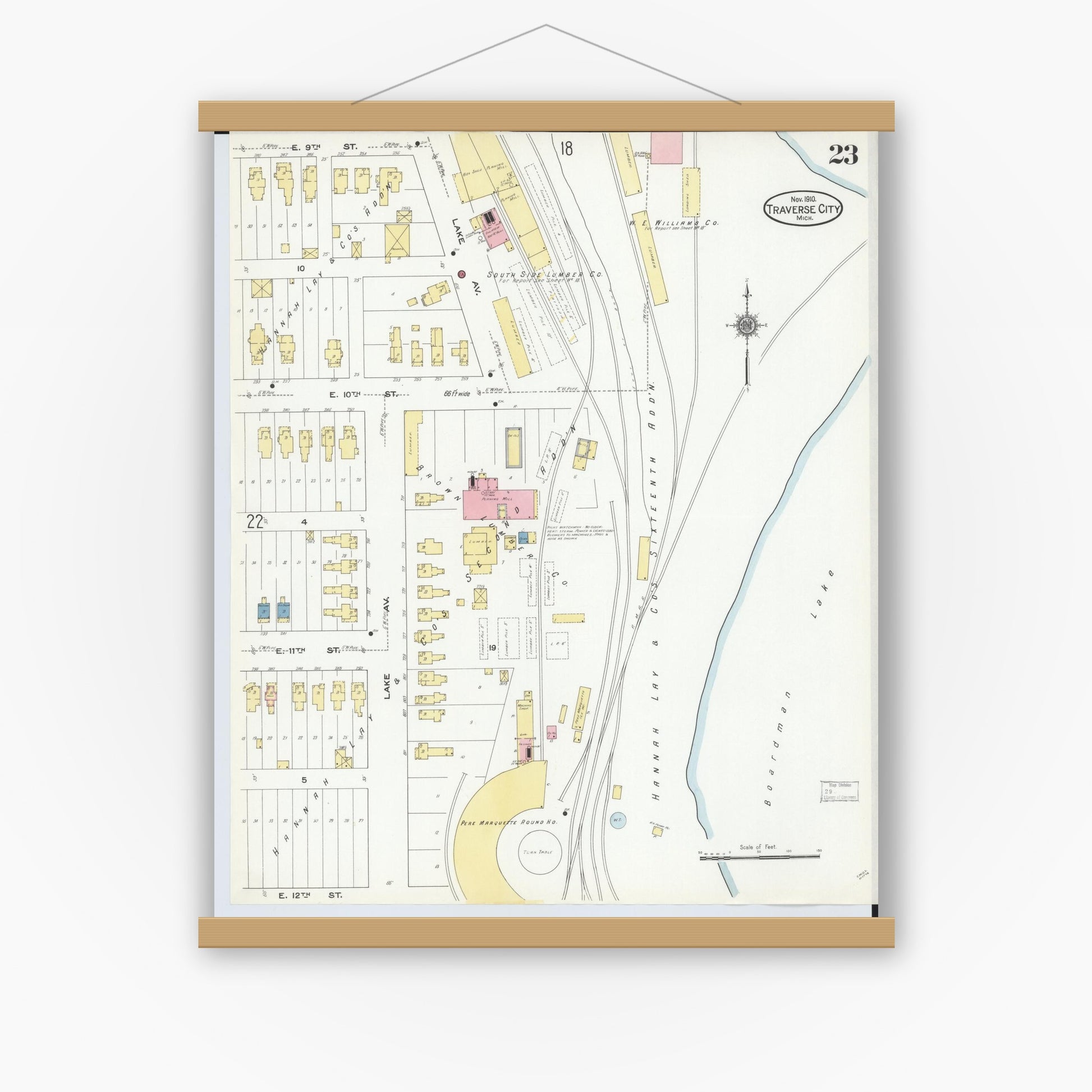 Old map wall art mockup — magnetic wood frame on white wall — Sanborn Fire Insurance Map from Traverse City, Grand Traverse County, Michigan (1910), Sheet #0023