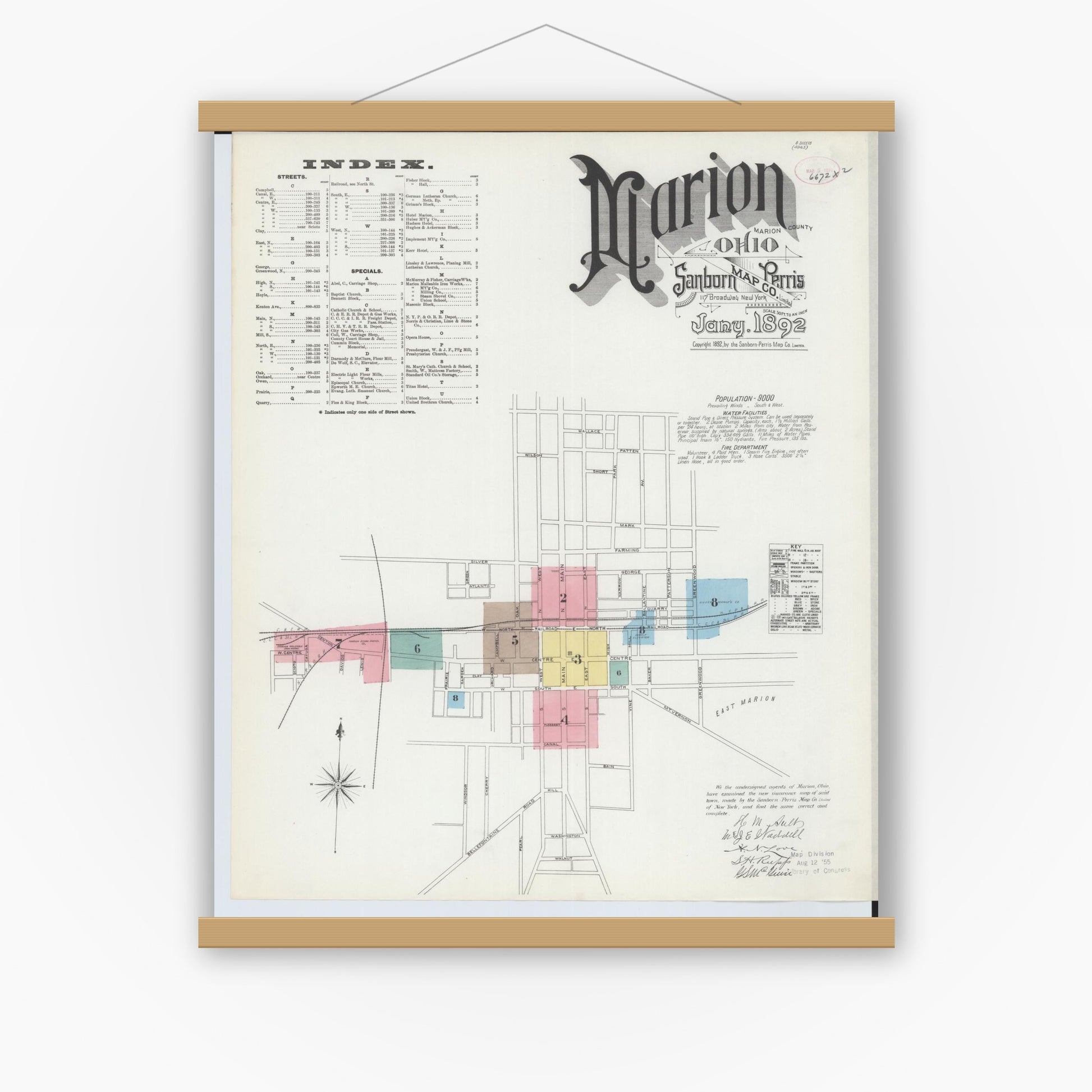Old map wall art mockup — magnetic wood frame on white wall — Sanborn Fire Insurance Map from Marion, Marion County, Ohio (1892), Sheet #0001