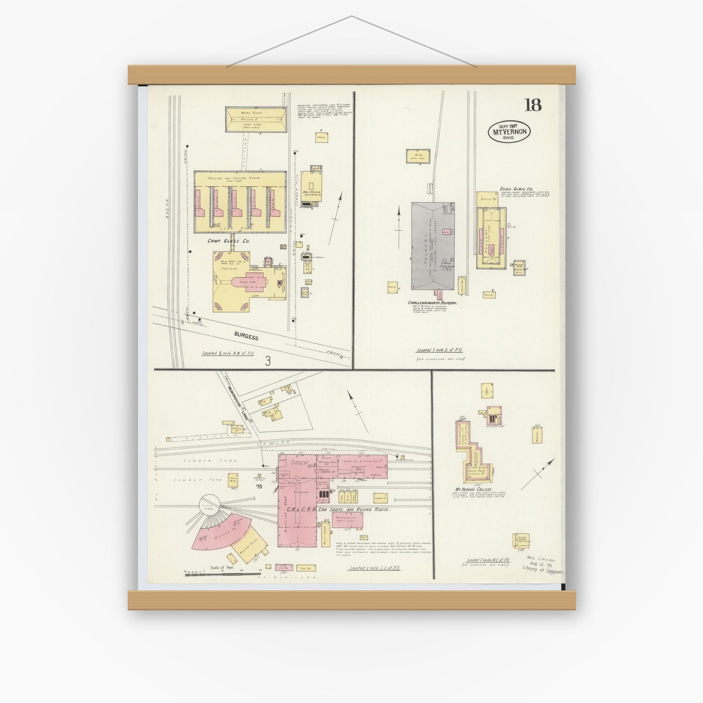 Old map wall art mockup — magnetic wood frame on white wall — Sanborn Fire Insurance Map from Mount Vernon, Knox County, Ohio (1907), Sheet #0018