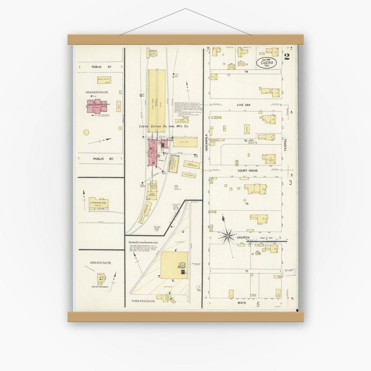Old map wall art mockup — magnetic wood frame on white wall — Sanborn Fire Insurance Map from Cuero, De Witt County, Texas (1907), Sheet #0002