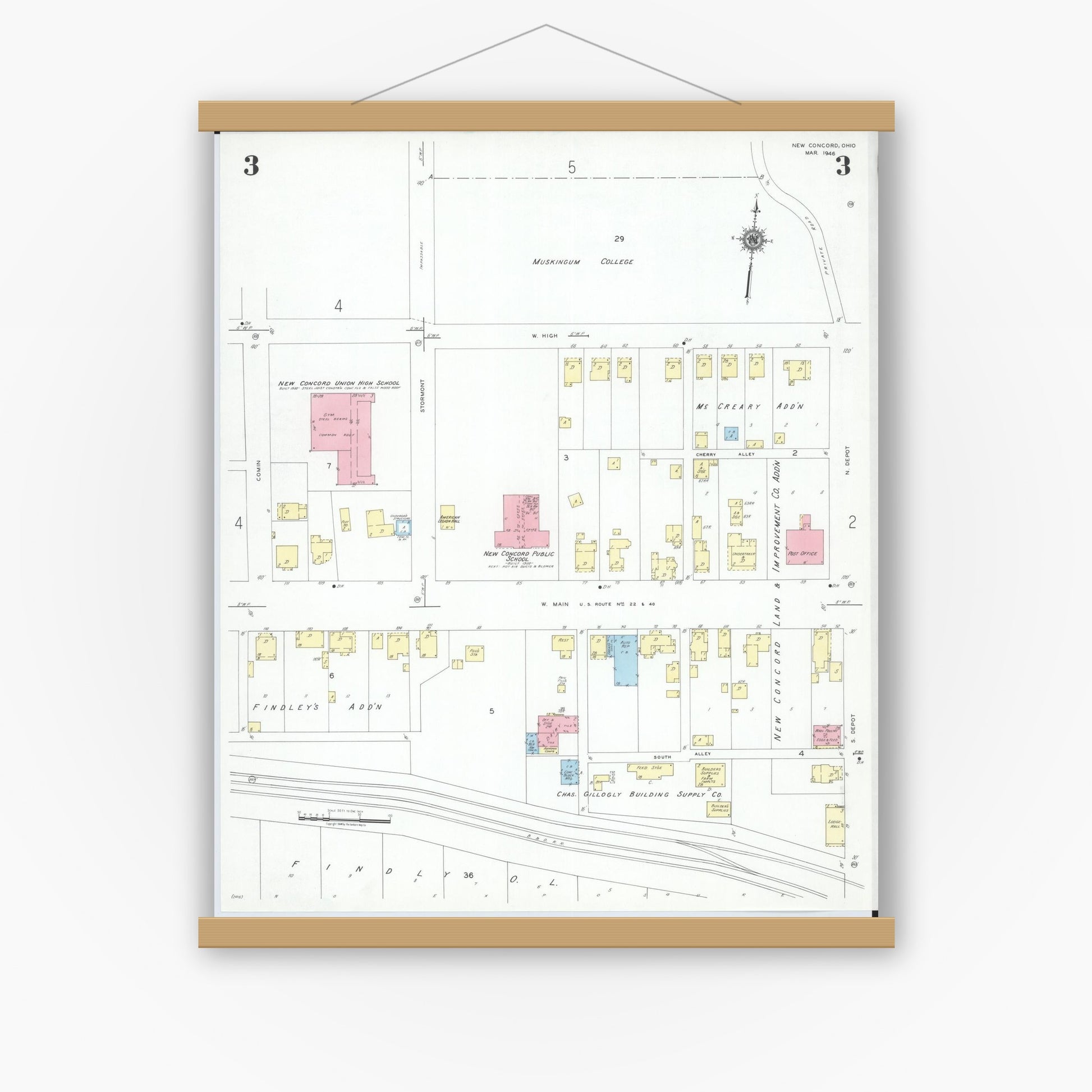 Old map wall art mockup — magnetic wood frame on white wall — Sanborn Fire Insurance Map from New Concord, Muskingum County, Ohio (1946), Sheet #0003