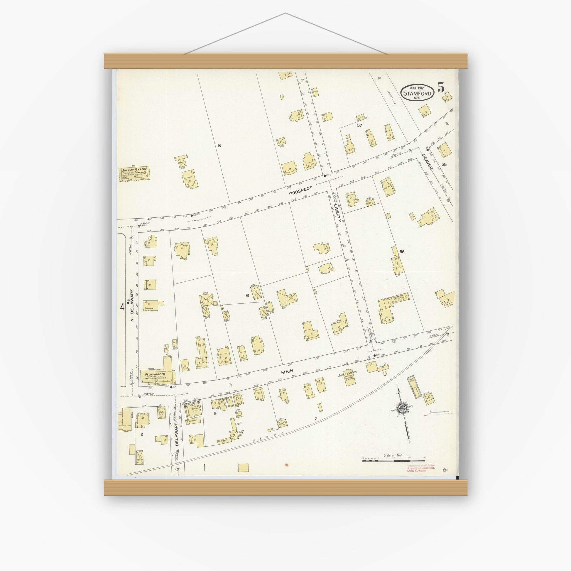Old map wall art mockup — magnetic wood frame on white wall — Sanborn Fire Insurance Map from Stamford, Delaware County, New York (1912), Sheet #0005