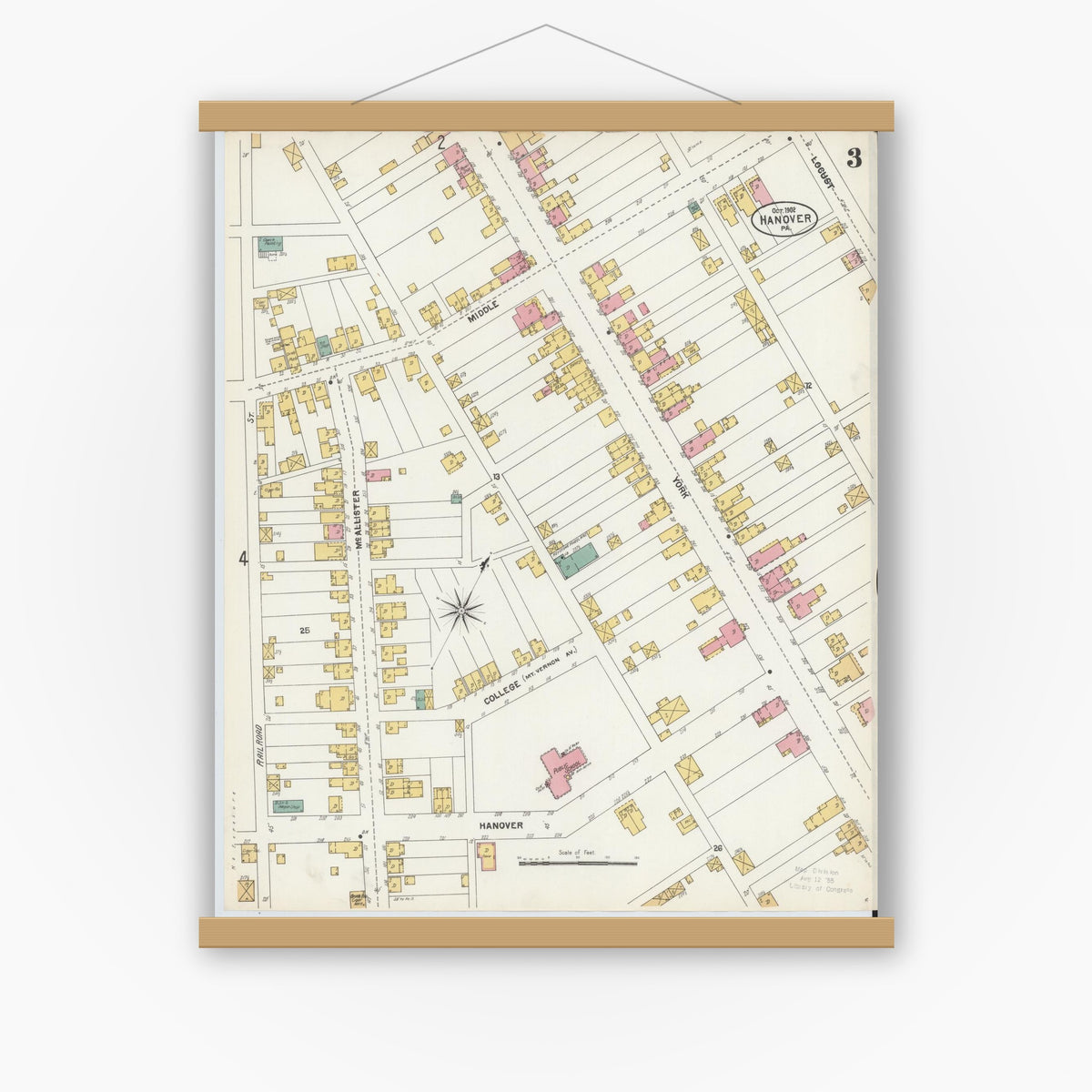 Old map wall art mockup — magnetic wood frame on white wall — Sanborn Fire Insurance Map from Hanover, York County, Pennsylvania (1902), Sheet #0003