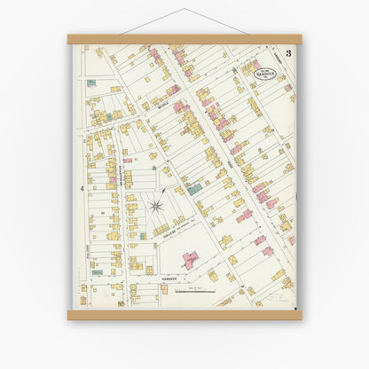 Old map wall art mockup — magnetic wood frame on white wall — Sanborn Fire Insurance Map from Hanover, York County, Pennsylvania (1902), Sheet #0003