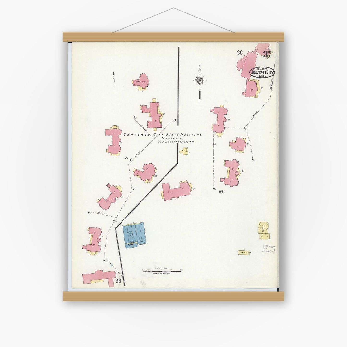 Old map wall art mockup — magnetic wood frame on white wall — Sanborn Fire Insurance Map from Traverse City, Grand Traverse County, Michigan (1920), Sheet #0037