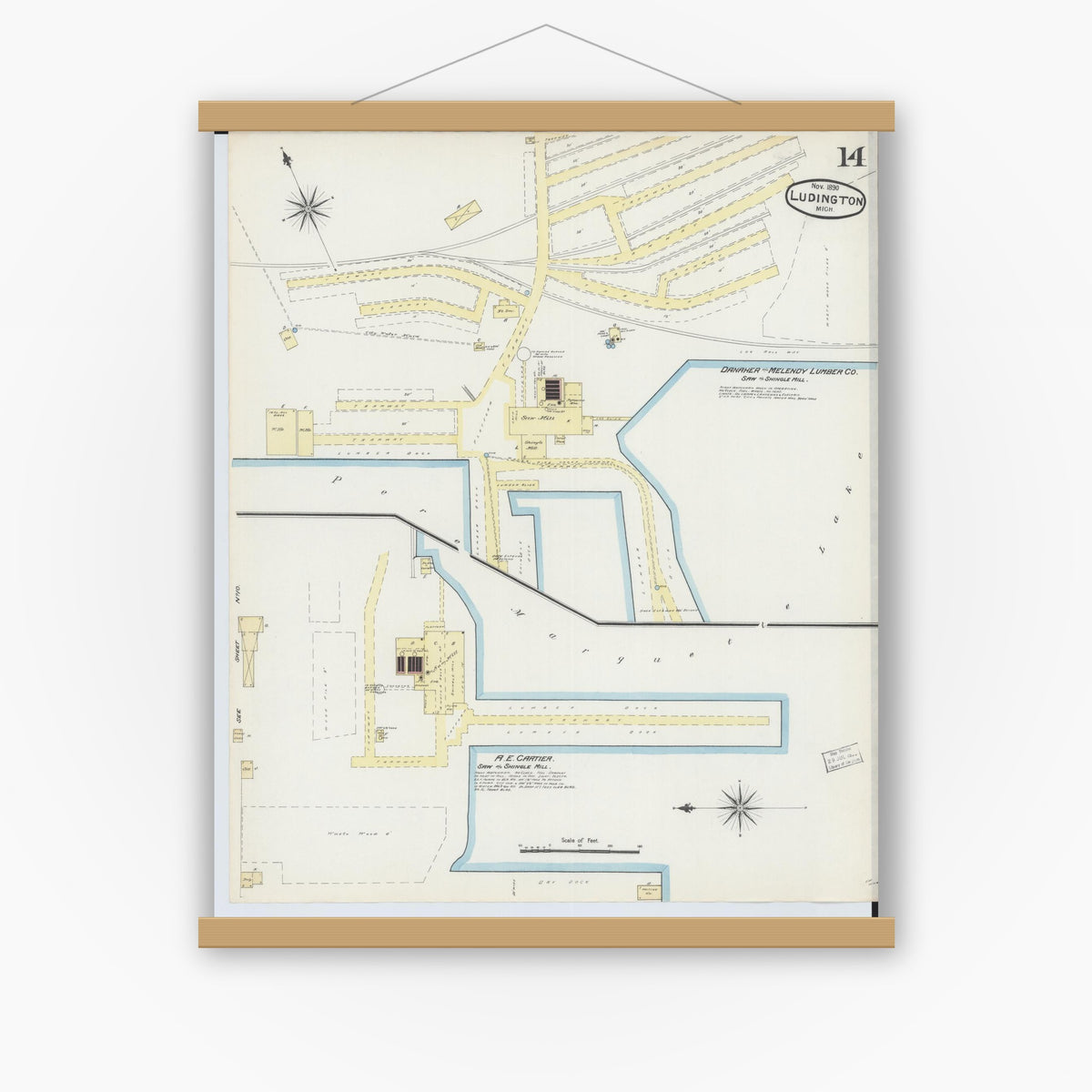 Old map wall art mockup — magnetic wood frame on white wall — Sanborn Fire Insurance Map from Ludington, Mason County, Michigan (1890), Sheet #0014