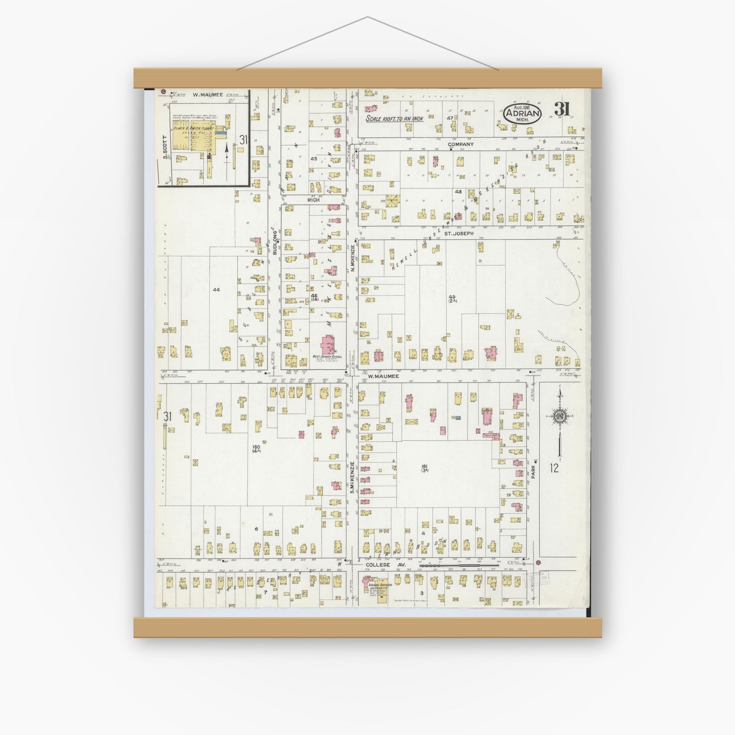 Old map wall art mockup — magnetic wood frame on white wall — Sanborn Fire Insurance Map from Adrian, Lenawee County, Michigan (1916), Sheet #0031