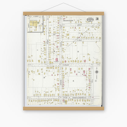 Old map wall art mockup — magnetic wood frame on white wall — Sanborn Fire Insurance Map from Adrian, Lenawee County, Michigan (1916), Sheet #0031
