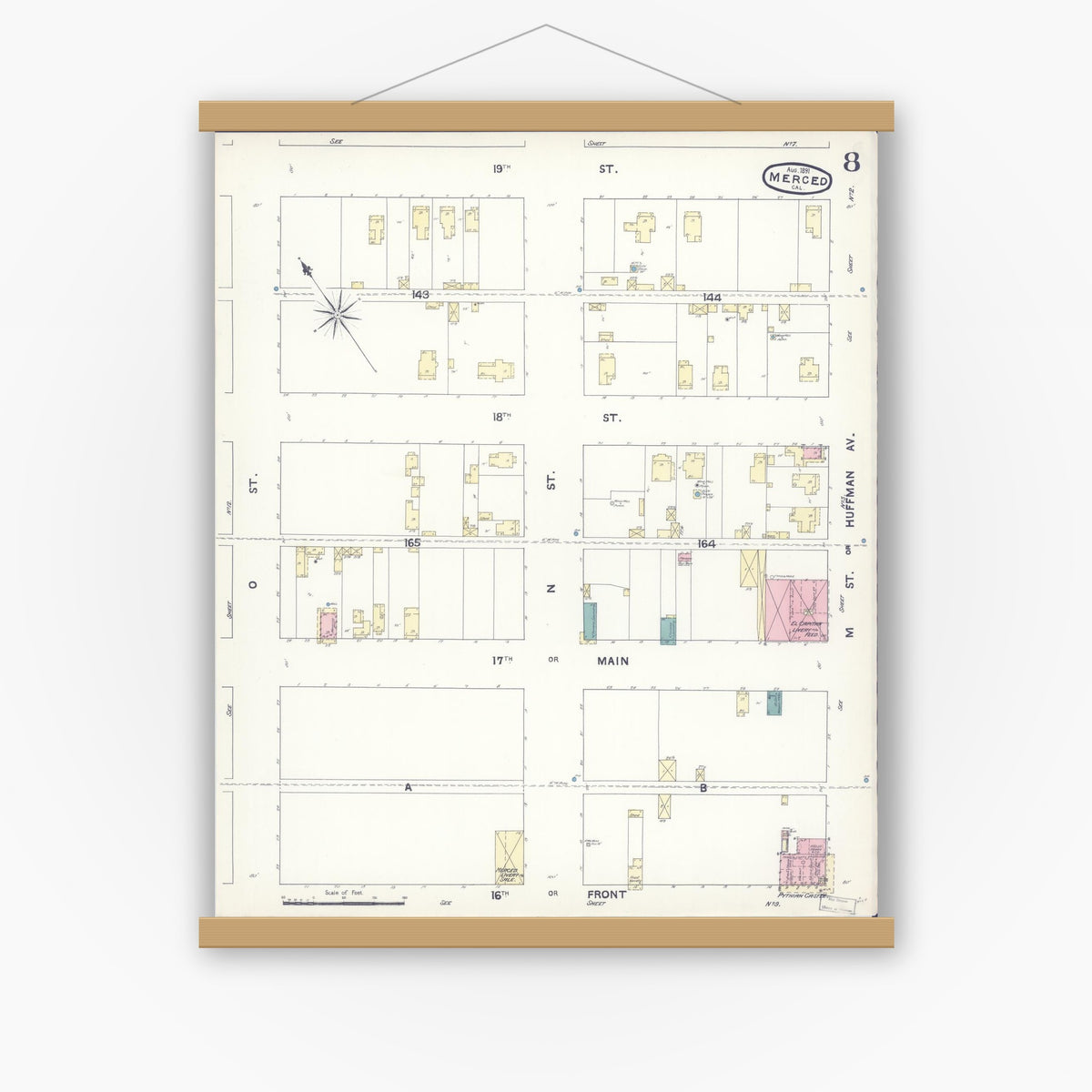Old map wall art mockup — magnetic wood frame on white wall — Sanborn Fire Insurance Map from Merced, Merced County, California (1891), Sheet #0008